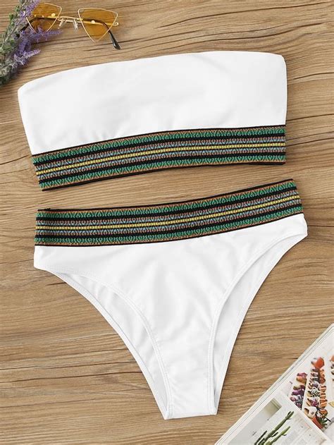 Striped Trim Bandeau With High Waist Bikini Set Shein Bandeau