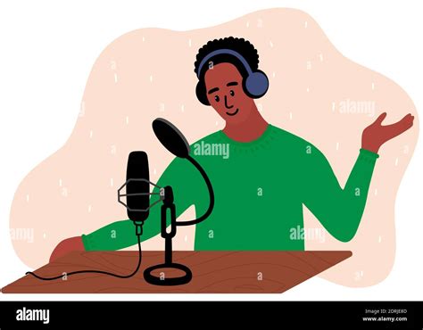 African black man in green clothes is doing live podcast. Male podcaster talking to microphone ...