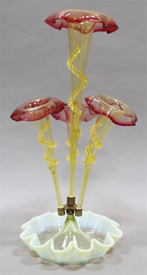 Antique Victorian Cranberry And Vaseline Art Glass Epergne Table Centrepiece With Custard Glass