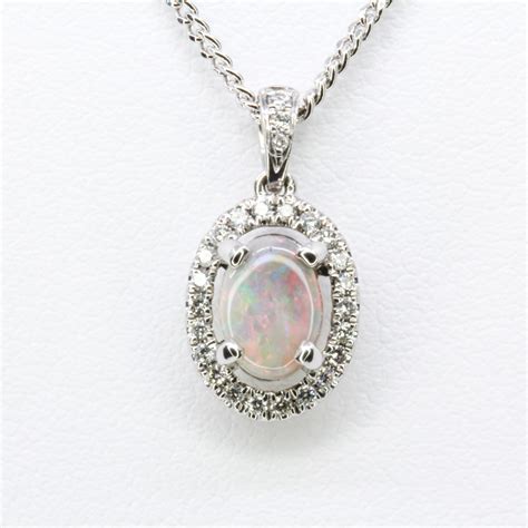 Ct White Gold Solid Opal And Diamonds Pendant Allgem Jewellers