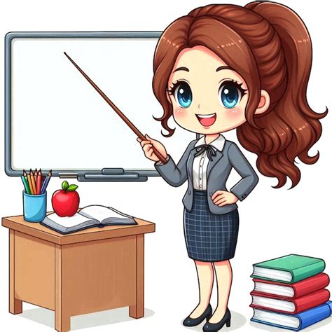 A cartoon of a female teacher holding a pointer with a white board ...