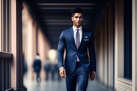 Premium Photo A Man In A Blue Suit Walks Through A Building