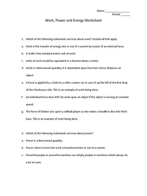 Work Power Energy Worksheet Pdf Potential Energy Kinetic Energy