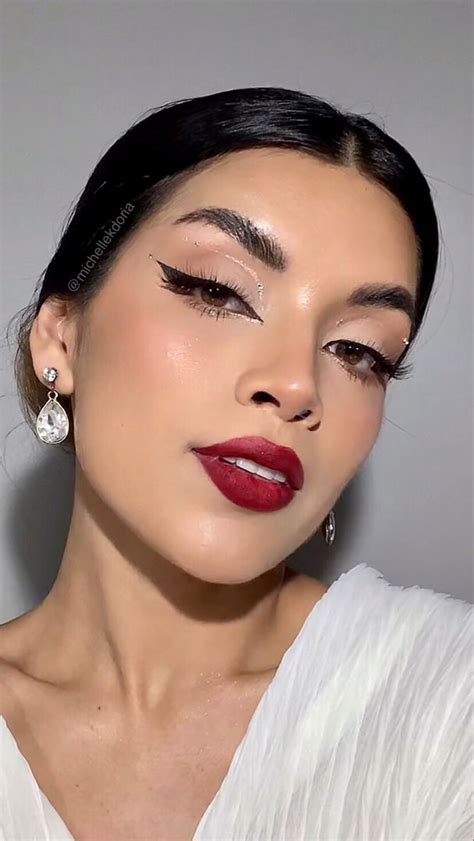 Red Lipstick And Rhinestones Makeup Neutral Eye Look With Red Matte Lipstick Red Lipstick