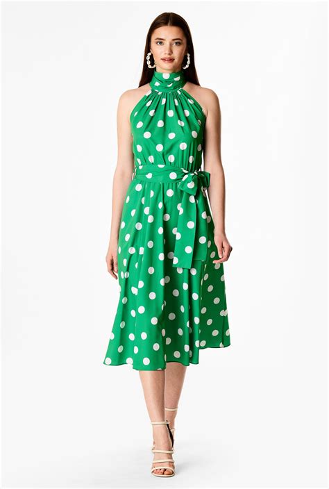 Shop Bow Tie Neck Polka Dot Print Crepe Halter Dress Eshakti