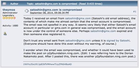 Bitcoin Founder Satoshi Nakamoto S Email Apparently Hijacked