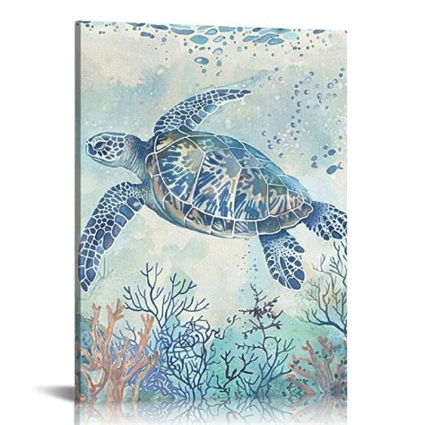 CANFLASHION Vintage Ocean Beach Summer Sea Turtle Canvas Wall Art