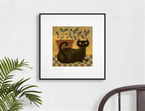 Black Cat Folk Art Art Print Etsy