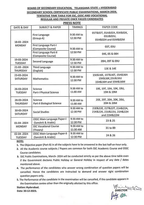 Ts Ssc 10th Exams 2024 Time Table Bse Telangana Ssc Paper Wise Dates