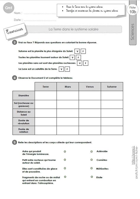 Cm Sciences Et Technologie Exercices La Terre Dans Le Syst Me Solaire