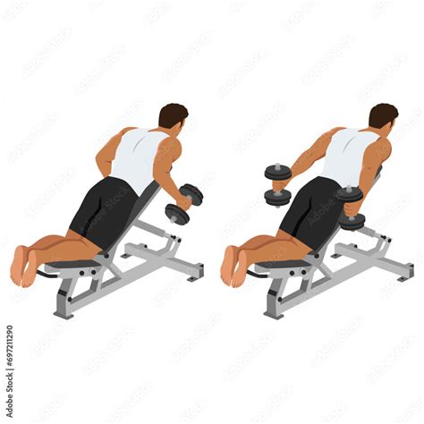 Man Doing Dumbbell Prone Incline Kickbacks Exercise Flat Vector