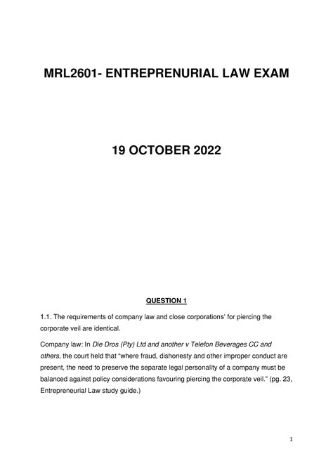 Exam 2 Mrl2601 Exam Mrl2601 Entreprenurial Law Exam 19 October