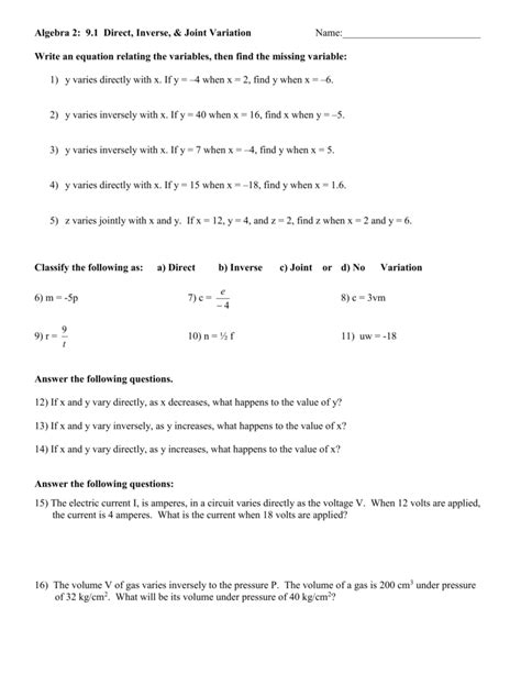 Direct And Inverse Variation Worksheet