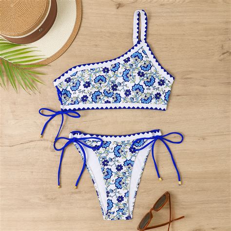 Split Swimsuit With Sexy Retro Print On One Shoulder Bikini On Luulla