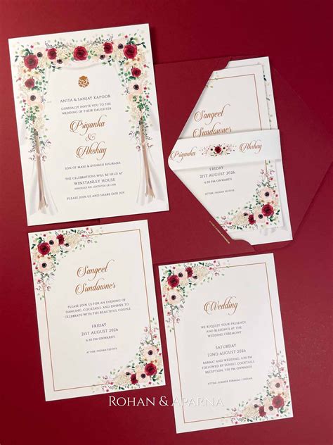 Burgundy Floral Mandap Tiered Indian Wedding Card By Rohan Aparna