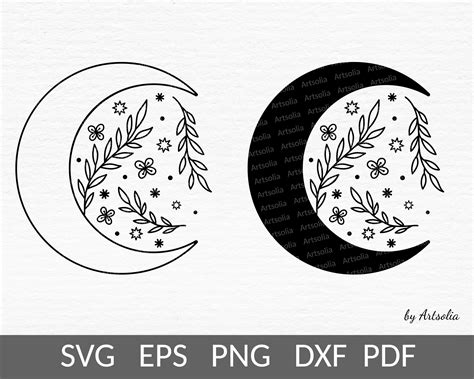 Boho Moon Svg Crescent Moon With Floral Ornament In Scandi Etsy