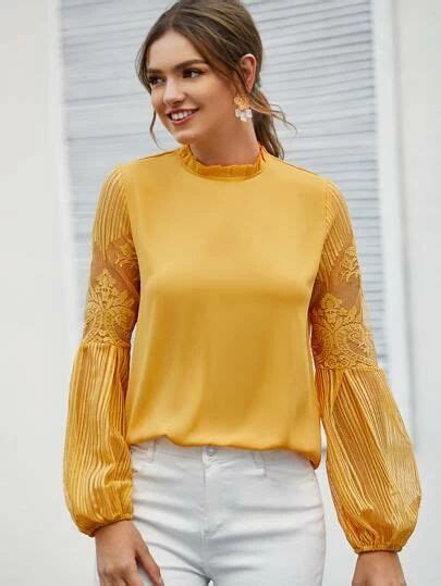 SHEIN Frilled Neck Lace Balloon Sleeve Top Lantern Sleeved Blouses