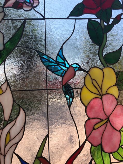 Elegant Hummingbird Butterfly And Flowers Leaded Stained Glass Window Panel