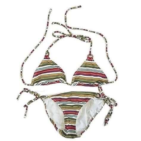 American Eagle Outfitters Swim American Eagle Yellow Red Striped Piece Bikini Bathing Suit