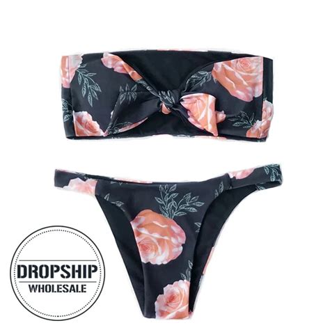 Conjunto De Bikini Sin Hombros Sexy Cintura Baja Tanga Estampado Floral