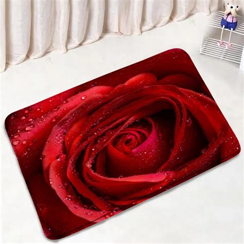 Red Rose Flowers Bath Mat Set Heart Shaped Floral Valentine S Day Woman