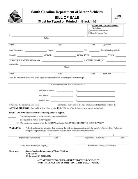 Free South Carolina Car Bill Of Sale Template Fillable Forms