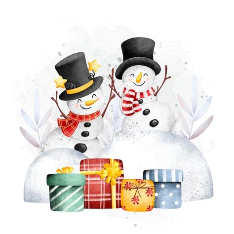 Bonhomme De Neige Illustration Aquarelle Et Cadeau En Hiver Vecteur