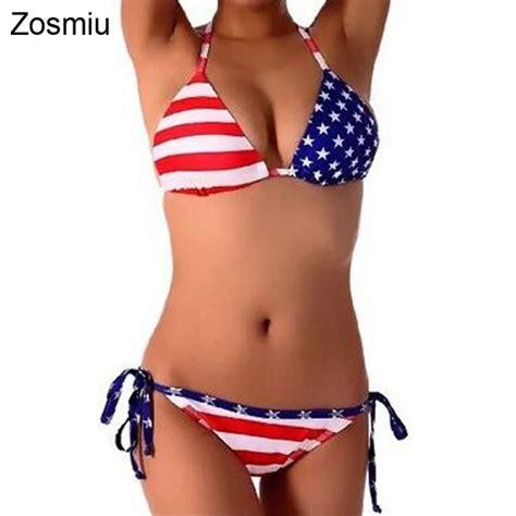 Zosmiu New USA Flag Pattern G String Thong Bikini Sets Sexy Padded Push