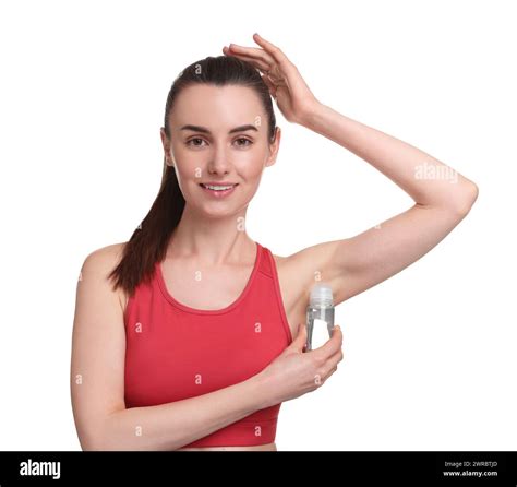 Beautiful Woman Applying Deodorant On White Background Stock Photo Alamy