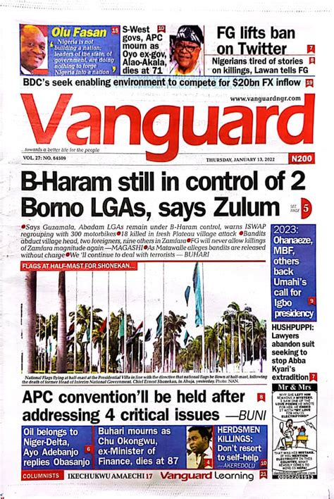 Nigerian Newspapers Daily Front Pages Review Thursday 13 January 2022