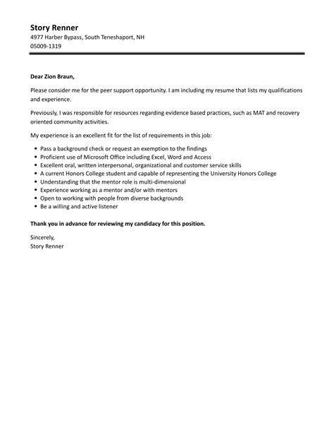 Peer Support Cover Letter Velvet Jobs