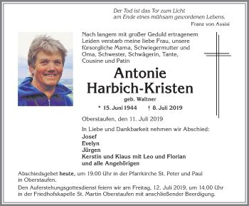 Traueranzeigen Von Antonie Harbich Kristen Allg Uer Zeitung