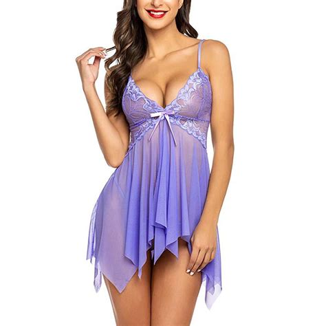 Qwertyu Women S Mesh V Neck Babydoll Lace Sexy Lingerie Teddy Nightgown