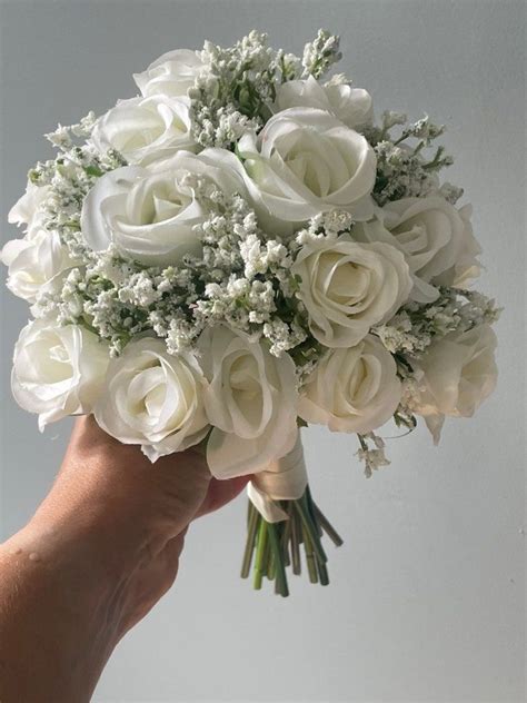 White Rose And Gypsophila Bouquet Artificial Silk Flowers For Wedding