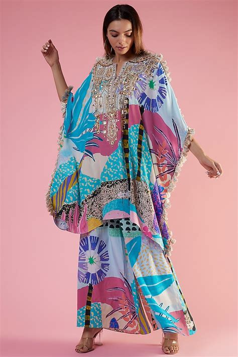 Aqua Crepe Printed And Hand Embroidered Kaftan Set Design By Payal Singhal At Pernia S Pop Up Shop