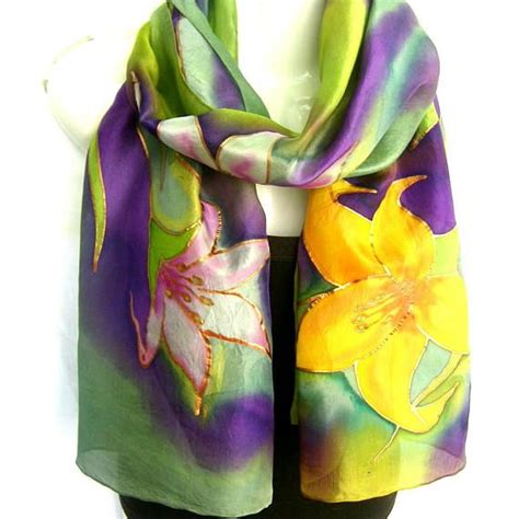 Floral Silk Scarf Lilies Hand Painted Silk Scarf Green Etsy In 2024 Hand Painted Silk Scarf