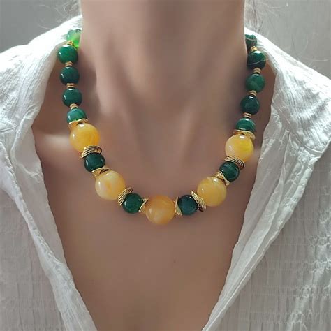 Agate Women Necklace Yellow And Green Beaded Stackable Birthstone Necklace Chunky Gemstone