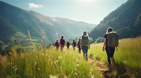 Premium AI Image | Group of sporty women hiking in mountains