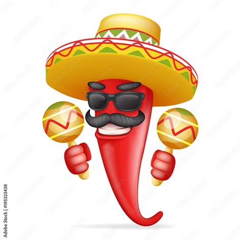 Latin Maraca Mexican Hat Red Cool Hot Chili Pepper Sunglasses Mustache Happy Character Realistic