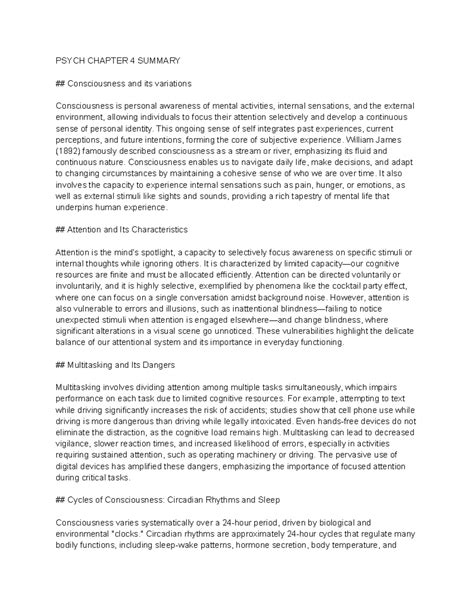 PSYCH CHAPTER 4 SUMMARY: Consciousness, Sleep, and Psychoactive Drugs