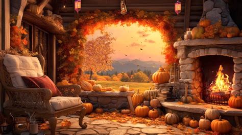 Leaves Falling Day In Cozy Autumn Cabin Ambience With Fireplace Sound