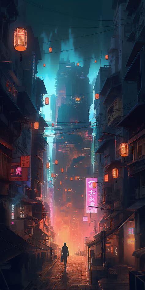 HD Wallpaper AI Art Cyberpunk City Vertical Portrait Display Neon