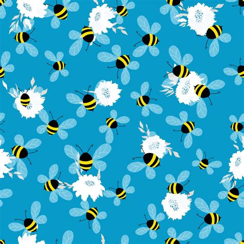 Seamless pattern with bees on color floral background. Small wasp