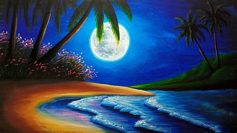 Moonlight Night Scenery Drawing Painting Night Seascape Painting