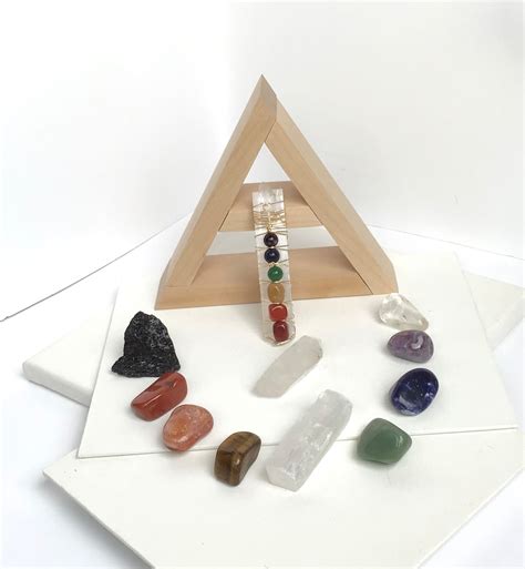 Wood Triangle Shelf Healing Crystals Tumbled Pocket Stone T Set