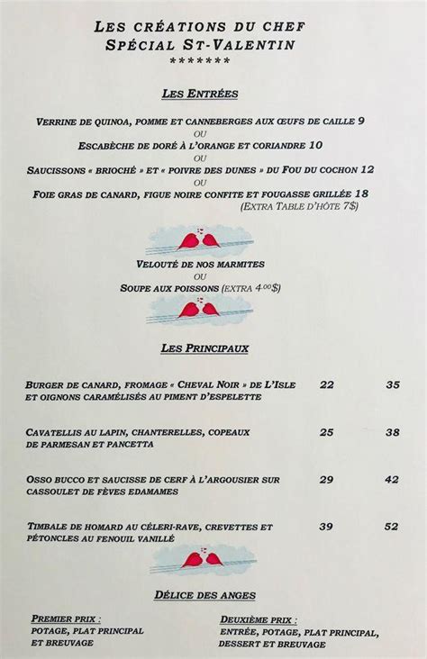 Menu Au Restaurant Caf La Coureuse Des Gr Ves Inc Saint Jean Port