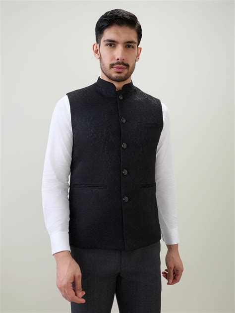raymond men black jacquard contemporary fit polyester blend waist coat