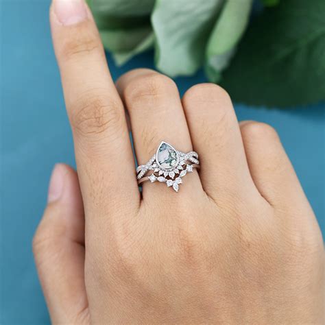 Round Cut Moss Agate Engagement Ring Leaf Engagement Ring Set