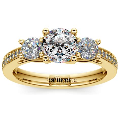 Yellow Gold Three Stone Engagement Ring With Trellis Design