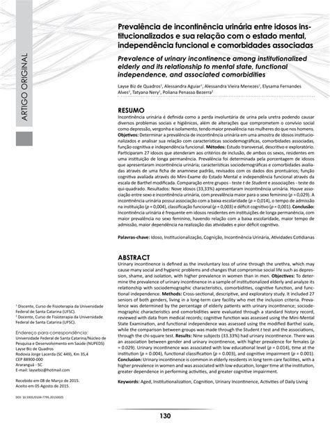 Pdf Prevalence Of Urinary Incontinence Among Institutionalized Elderly And Its Relationship To